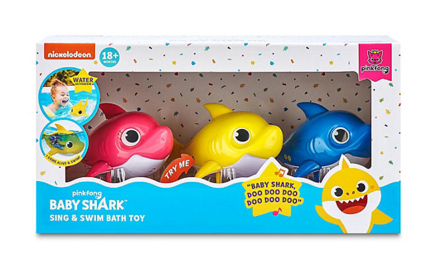 Pictured are the mini versions of Zuru Toys' Baby Shark-branded toys that sing or swim when placed in water. The company recalled mini and full-size versions of the toys after a dozen children were injured from sitting or falling onto the toys.