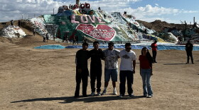 Central Union High School students Santiago Valdez, Benny Lopez, Isaac Garcia, Kenyon Thomas, and Margarita Guillen are pictured in front of Salvation Mountain in Slab City in the Imperial Valley from January 24, 2026.