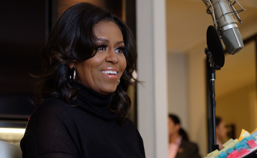 NPR host Audie Cornish interviews former first lady Michelle Obama on her book Becoming in Chicago on Nov. 2.