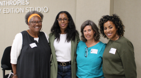 Diane Moss (left), Andrea Guerrero (center right) and Brisa Johnson (right) join KPBS Midday Edition host Jade Hindmon (center left) to discuss how community organizations are showing up for one another in difficult economic times.