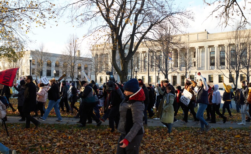 Protesters demonstrate against the Kyle Rittenhouse verdict at Civic Center Park in Kenosha, Wis., on Sunday.