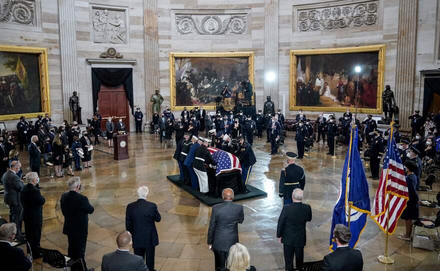 The casket of the late U.S. Capitol Police officer William "Billy" Evans arrives for a memorial service in the Rotunda at the U.S. Capitol on April 13, 2021.