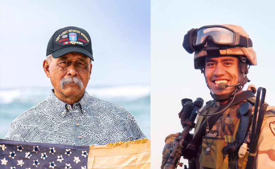Current photo of Gold Star father Allen Hoe in his home state Hawaii. Hoe holds his family’s United States Battle Flag that his son 1st Lieutenant Nainoa Hoe carried with him when he died in Iraq.