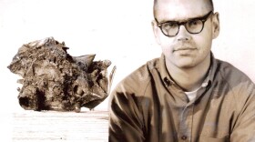 Portrait of Russell Baldwin with cast bronze sculpture, c. 1964. Photographer unknown, courtesy of Richard Allen Morris.