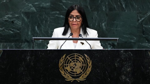 Delcy Rodríguez, acting president of Venezuela, addresses the 81st session of the United Nations General Assembly at U.N. headquarters Wednesday, Sept. 23, 2026.