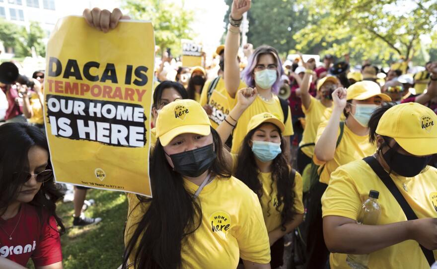 Susana Lujano, left, a dreamer from Mexico who lives in Houston, joins other activists to rally in support of the Deferred Action for Childhood Arrivals program, also known as DACA, at the U.S. Capitol in Washington on June 15, 2022.