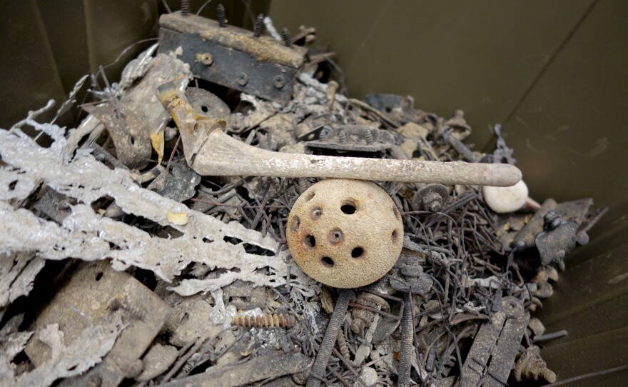 A crematorium tour was part of the festival, too. Metal balls, pins, sockets and screws survive the fire of cremation.