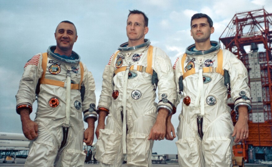 Astronauts Gus Grissom (from left), Ed White II and Roger Chaffee near Cape Kennedy's Launch Complex 34 during training for Apollo 1, in January 1967.