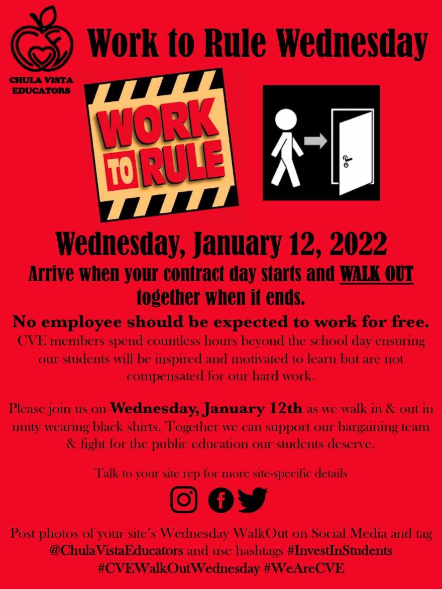 Chula Vista Educators flyer encouraging ongoing on-time walkout for its members starting Wednesday, Jan. 12, 2022.