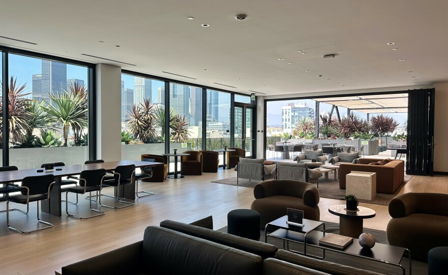 A common workspace area sits empty on a weekday afternoon in a newly redeveloped building that Adidas started leasing in downtown Los Angeles last year.