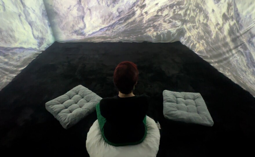 KPBS arts reporter Beth Accomando immersing herself in "Green Memories" at Qualcomm Institute's Immersive Media Lab. April 15, 2025
