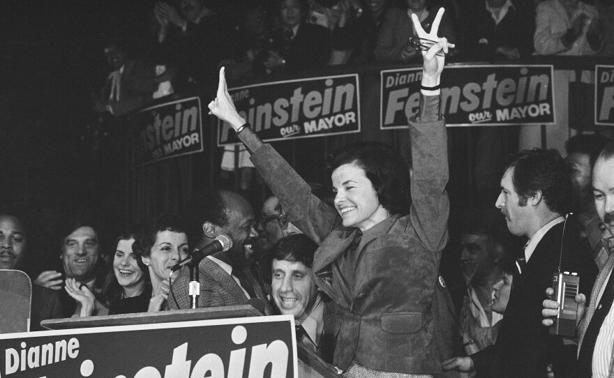 Dianne Feinstein, named mayor following the assassination of late Mayor George Moscone in San Francisco, won the office in her own right beating challenger Quentin Kopp by a large majority on Dec. 12, 1979. With her on the victory platform are, from left, Moscone's widow, Gina Moscone, Assemblyman Willie Brown and Feinstein's fiancé, Richard Blum. Feinstein, who was the first woman to serve as mayor of San Francisco, went on to become the longest-serving member of the U.S. Senate.