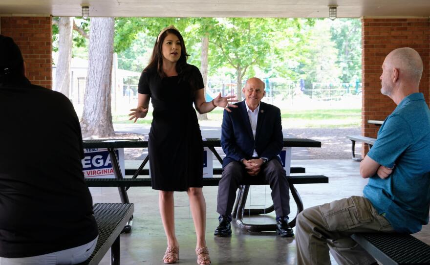 Yesli Vega, a sheriff's deputy running for the GOP nomination in Virginia's 7th Congressional District, speaks at a recent event alongside Texas Rep. Louie Gohmert.