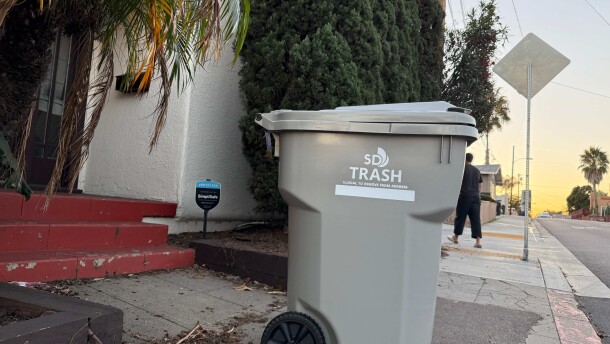 A city of San Diego trash bin sits on the curb in North Park on Oct. 30, 2025.