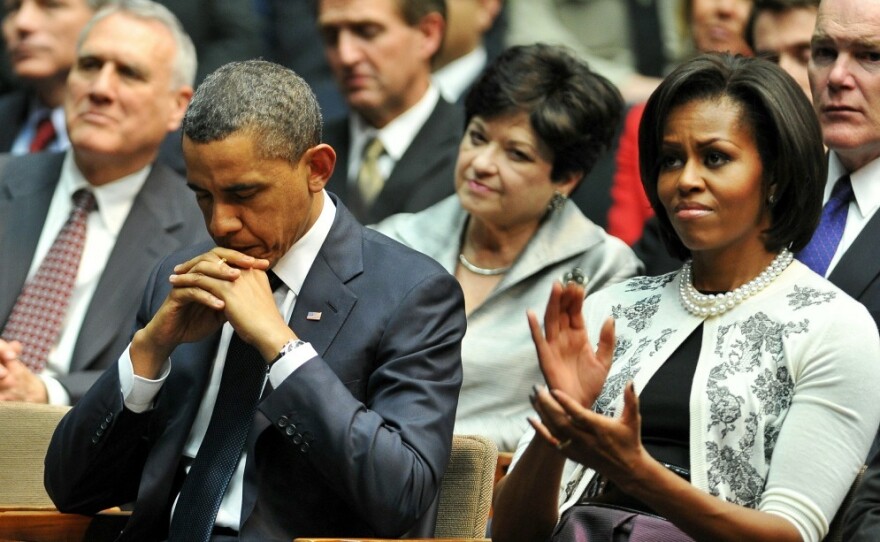 President Obama and first lady Michelle Obama during the memorial for the six people who were killed and 13 wounded in Saturday's shooting rampage in Tucson.