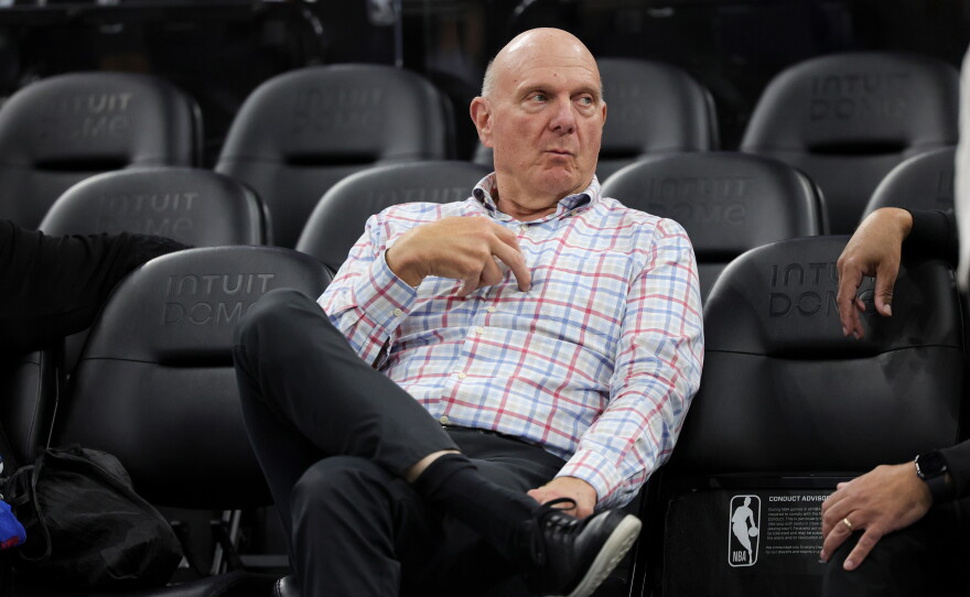 Los Angeles Clippers owner Steve Ballmer sits on the sideline before an NBA basketball game against the Chicago Bulls on March 13, 2026, in Inglewood, Calif.