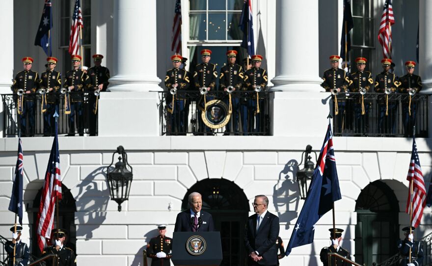 President Biden welcomes Australia's Prime Minister Anthony Albanese during an official arrival ceremony at the South Lawn of the White House.
