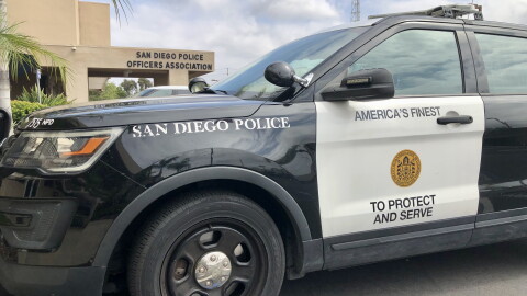 A San Diego Police car is parked in front of their union building, May 3, 2022.
