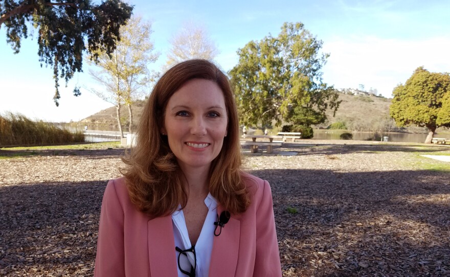 Wendy Wheatcroft, a candidate for San Diego City Council District 7, talks at Lake Murray, Dec. 10, 2019.