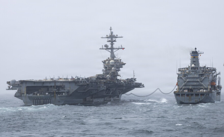 Nimitz-class aircraft carrier USS Abraham Lincoln (CVN 72), conducts a replenishment-at-sea with fleet replenishment oiler USNS Henry J. Kaiser (T-AO 187), Aug. 16, 2026. Abraham Lincoln is deployed to the U.S. 5th Fleet area of operations to support maritime security and stability in the Middle East.