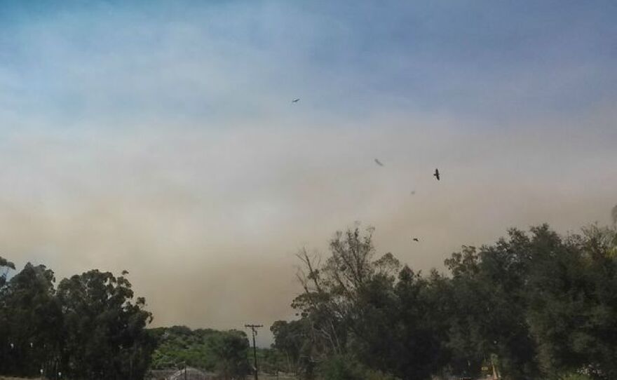 A brush fire burns in the De Luz area near Fallbrook, Aug. 9, 2015.