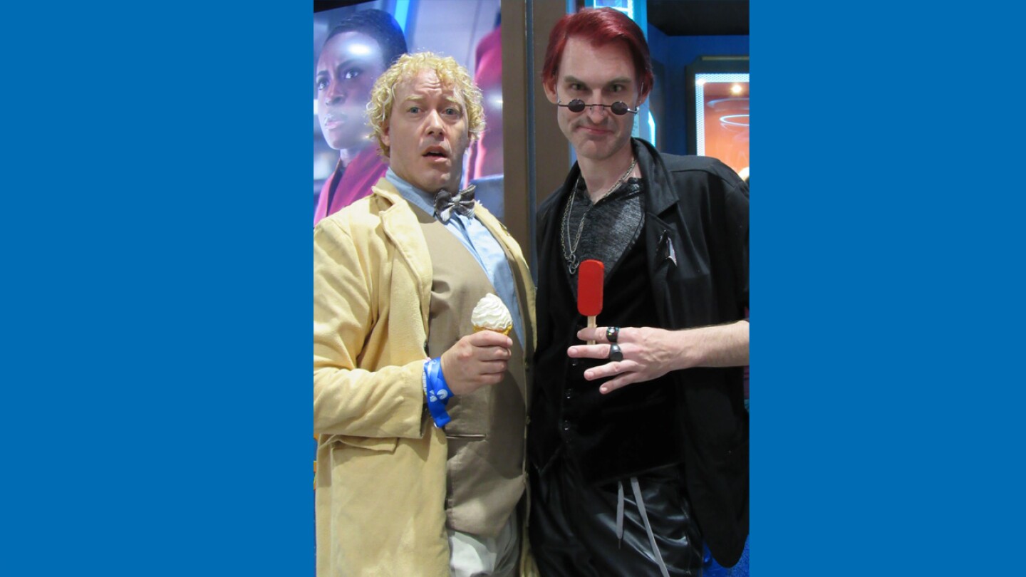 Francesco Lojacono (left) stands besides Kevin Schwab as Aziraphale and Crowley from the book turned TV show "Good Omens" on July 25, 2024 at the San Diego Comic-Con 2024 convention.