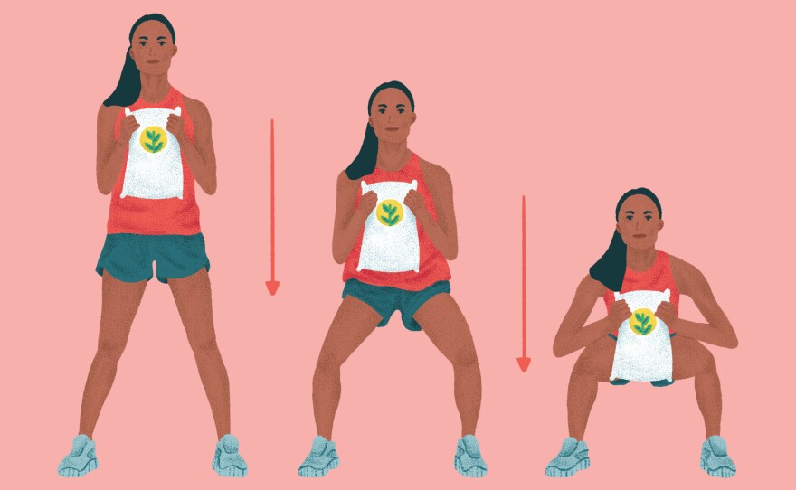 Look for opportunities to stand up, get your blood pumping or increase the activity by using your muscles. Start with squats, suggests physical trainer Molly MacDonald.