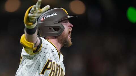 San Diego Padres' Jake Cronenworth celebrates after hitting a solo home run during the fifth inning in Game 3 of baseball's National League Division Series against the Milwaukee Brewers Tuesday, Oct. 6, 2026, in San Diego.