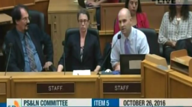 In a still from a video, Joshua Chanin, (far right), presents the initial findings from San Diego State University's review of San Diego Police Department traffic stop data to a city council committee, Oct. 26, 2016.
