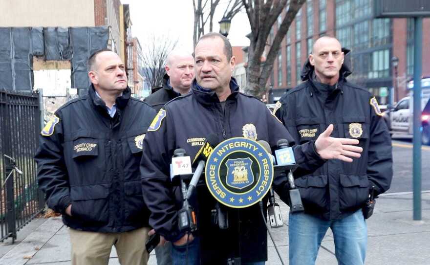 Yonkers Police Commissioner John Mueller speaks to the media on Jan. 17, 2022, after police shot a man wielding a gun inside an apartment in Yonkers. The suspect was shot in the leg, and one officer suffered a concussion. Both were taken to a local hospital with non-life-threatening injuries.