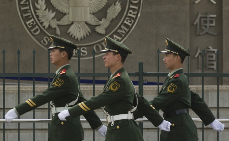 Chinese paramilitary police patrol outside the U.S. Embassy in Beijing on April 28. Chen Guangcheng, a blind legal activist who fled house arrest in his rural Chinese village, is reported to be under the protection of U.S. officials. Secretary of State Hillary Clinton is heading to China for what was supposed to be a routine visit.