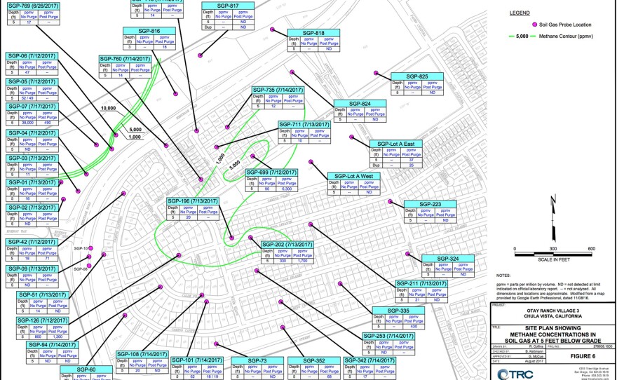 Escaya site plan showing methane concentrations in soil gas at 5 feet below grade.