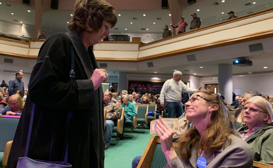 Paradise Mayor Jody Jones talks with anxious constituents about rebuilding their town, destroyed in last fall's Camp Fire, at a recent town hall meeting at Paradise Alliance Church.