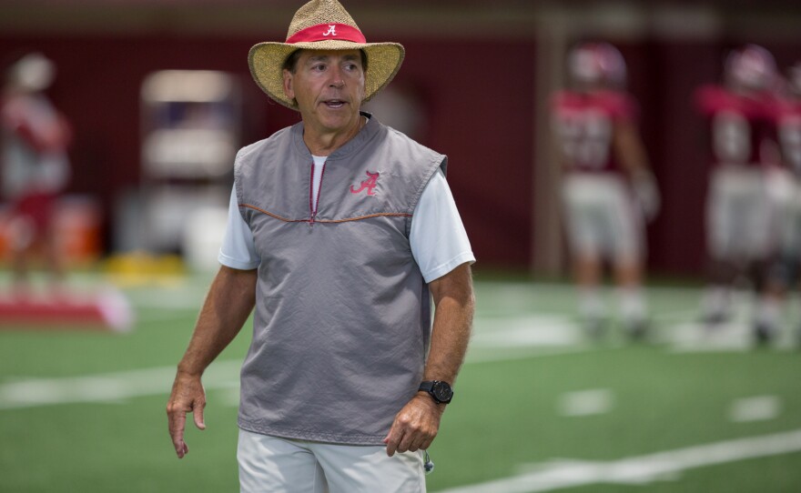 Alabama Coach Nick Saban roams the field during practice in Tuscaloosa. The Crimson Tide enters the season ranked No. 2 and aiming to reclaim its national championship throne.