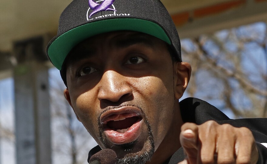 Hip-hop artist Mysonne, co-founder of the prisoner rights group United Freedom, speaks at a mass rally at the Mississippi Capitol in Jackson in January to protest conditions in prisons where inmates have been killed in violent clashes.