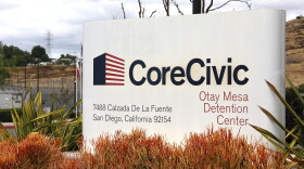 The CoreCivic sign outside the Otay Mesa Detention Center on Thursday, April 2, 2026.
