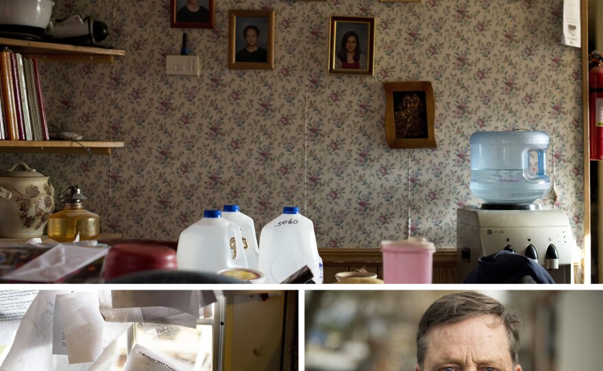 James Ware (lower right), a 17-year resident of Syringa Mobile Home Park, has been documenting the chronic problems there for years. In the past, drinking water was deemed unsafe. The owners have since repaired the well water system but Ware still refuses to drink it, consuming store-bought water instead.