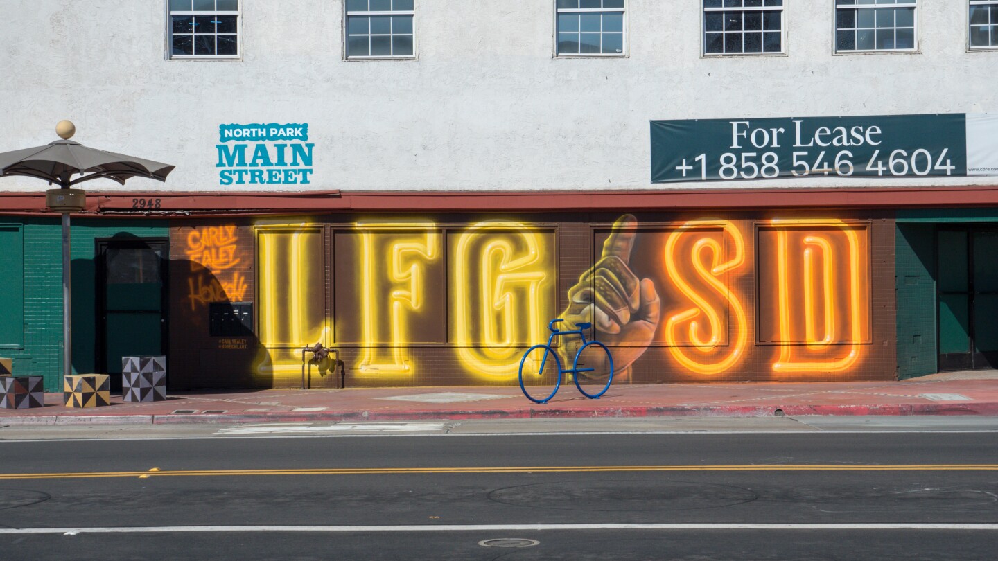 LFGSD by Christopher Konecki and Carly Ealey is the latest addition to San Diego's continually-growing collection of Padres murals. (Oct. 8, 2024)