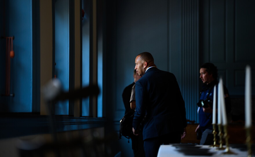 House Minority Leader Hakeem Jeffries, D-N.Y., looks out a window at Independence Hall in Philadelphia on July 2, 2026.