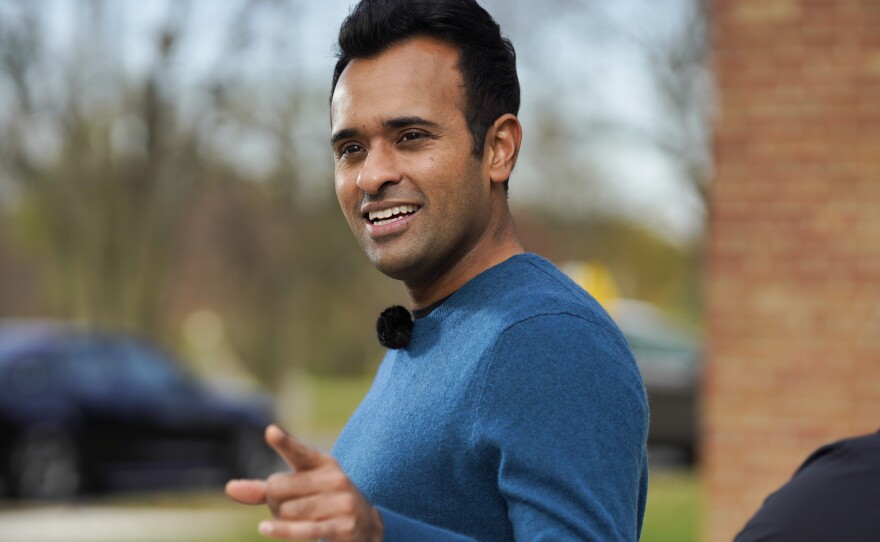 Entrepreneur Vivek Ramaswamy speaks with reporters outside a polling station after casting a ballot on statewide elections Nov. 7 in Columbus, Ohio.