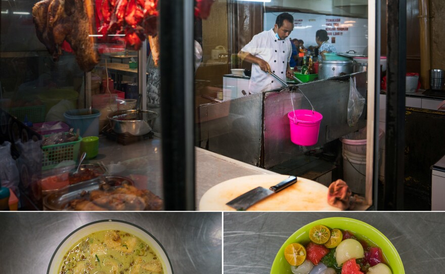 Top: Giat, one of the cooks at a food stall in Jakarta. Left: Soto Medan, coconut milk-based soup. Right: Es Teler, a fruit cocktail desert.