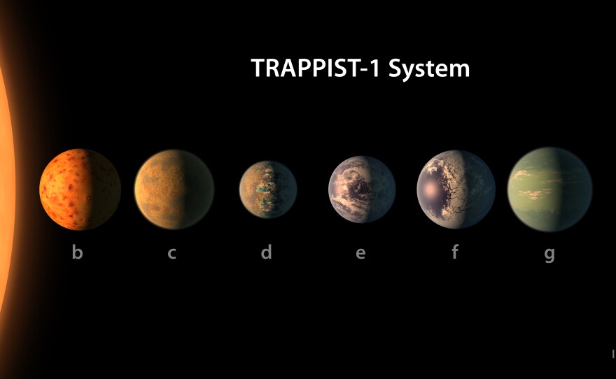 An artist's rendering of the seven recently discovered planets orbiting the star TRAPPIST-1.
