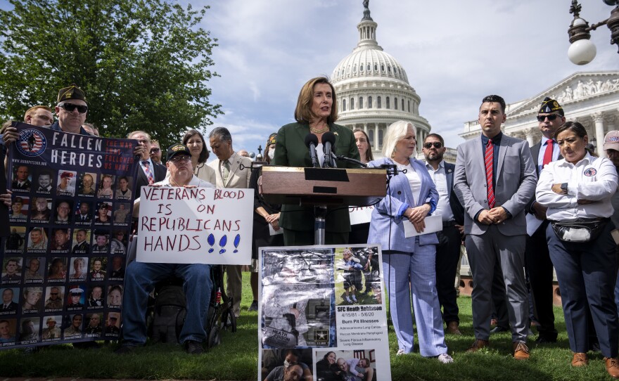 House Speaker Nancy Pelosi and others attend a news conference on Capitol Hill on Thursday, the day after Senate Republicans blocked a procedural vote to advance PACT Act.