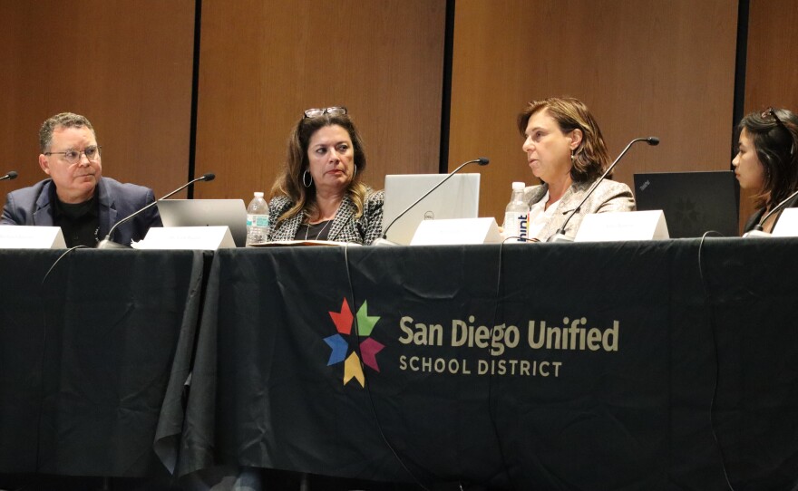 San Diego Unified school board president Richard Barrera, Superintendent Fabiola Bagula, board vice president Sabrina Bazzo and student board member Alina Nguyen meet on Tuesday, March 24, 2026.