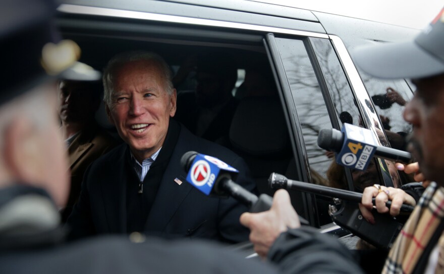 Former Vice President Joe Biden leaves after addressing striking workers at the Stop & Shop in the Dorchester neighborhood of Boston on April 18. He's expected to launch a presidential campaign within days.