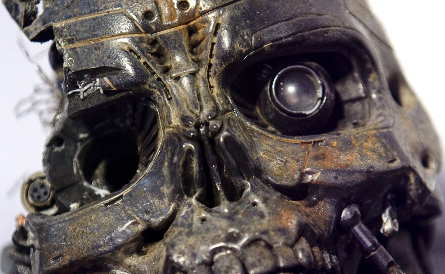 The robotic skull of a T-600 cyborg used in the movie Terminator 3.