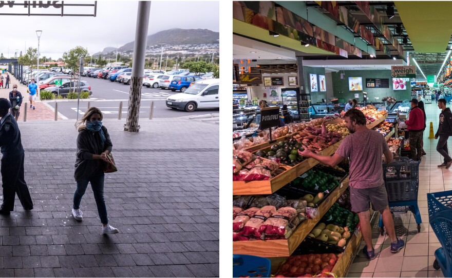 Left: Security guards dispense hand sanitizer to shoppers entering a mall in the suburb of Noordhoek, Cape Town. Right: shoppers select fresh fruit and vegetables.