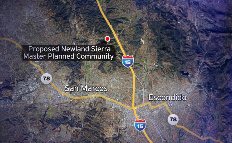 This map shows the North County location of the proposed Newland Sierra master-planned community west of Interstate 15, June 2018.