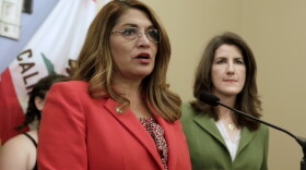 Assemblywoman Sharon Quirk-Silva-D-Fullerton, left, accompanied by Assemblywoman Catharine Baker, R-Dublin, right, discusses her proposed state constitutional amendment that would curb the University of California's autonomy during a news conference, Tuesday, May 22, 2018. 