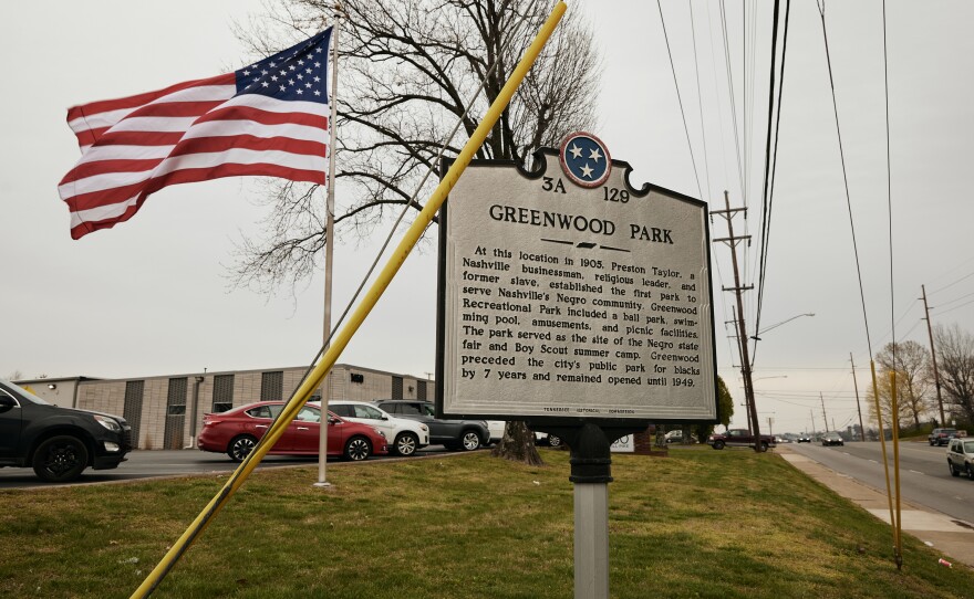 A Tennessee Historical Commission marker honors the site of Greenwood Park, which was established by Preston Taylor in 1905. The park was the first to serve Nashville's Black residents.
